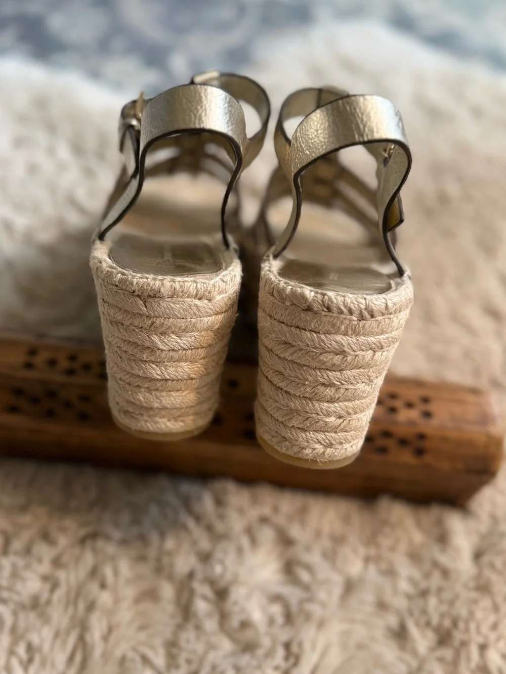 TORY BURCH Gold Metallic Leather platform espadrille wedge Fisherman Sandals